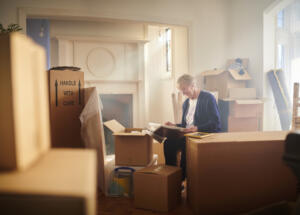 Senior downsizing in home with boxes and moving materials